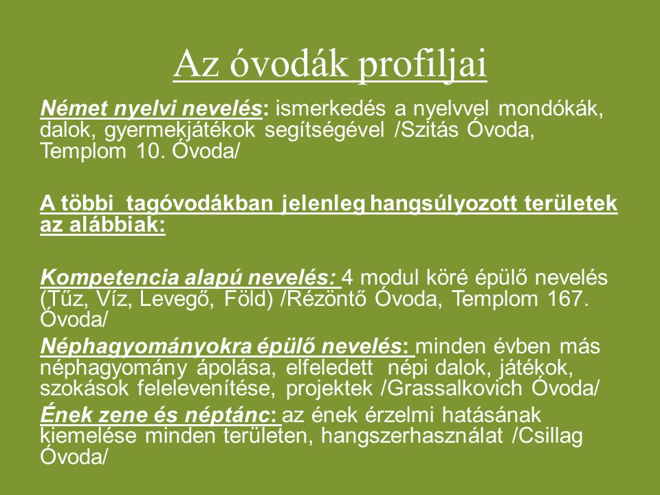 Az óvodák profiljai Német nyelvi nevelés: ismerkedés a nyelvvel mondókák, dalok, gyermekjátékok segítségével /Szitás Óvoda, Templom 10.