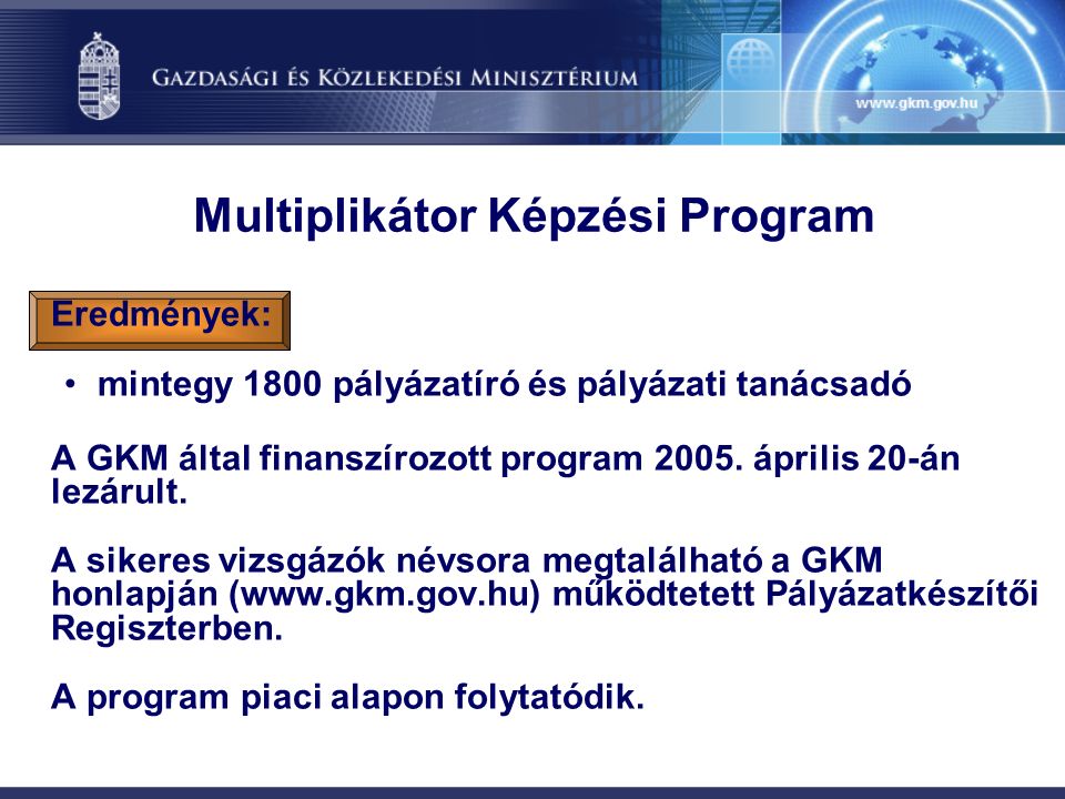 Multiplikátor Képzési Program Eredmények: mintegy 1800 pályázatíró és pályázati tanácsadó A GKM által finanszírozott program 2005.