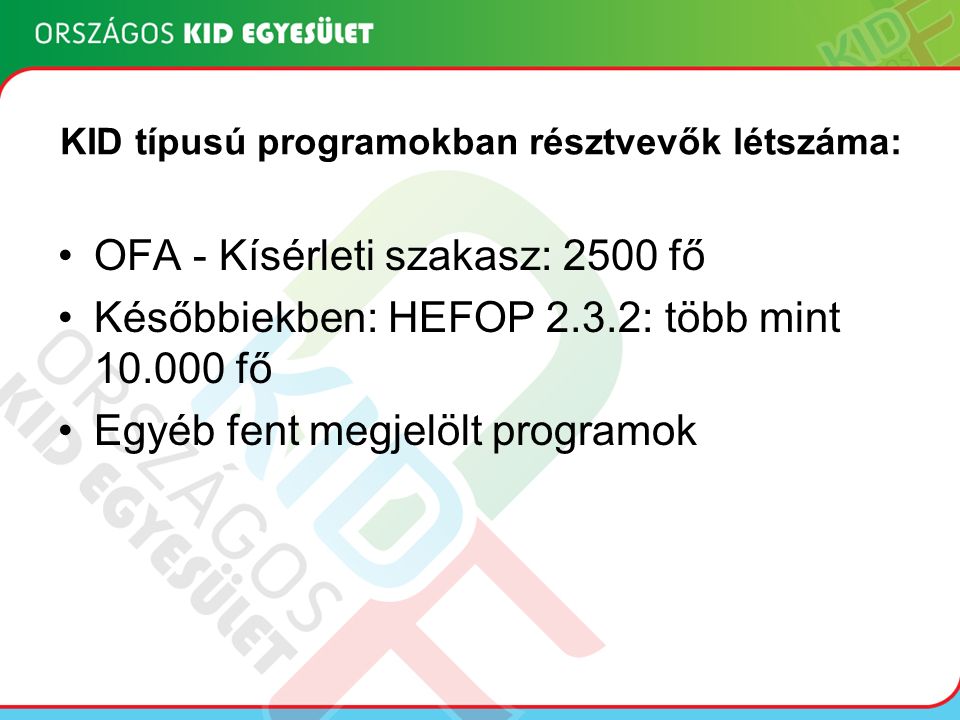 KID típusú programokban résztvevők létszáma: OFA - Kísérleti szakasz: 2500 fő Későbbiekben: HEFOP 2.3.2: több mint fő Egyéb fent megjelölt programok