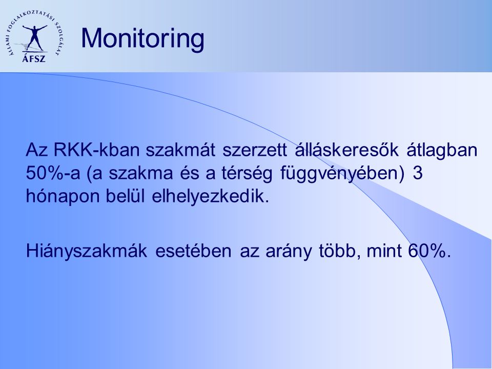 Monitoring Az RKK-kban szakmát szerzett álláskeresők átlagban 50%-a (a szakma és a térség függvényében) 3 hónapon belül elhelyezkedik.