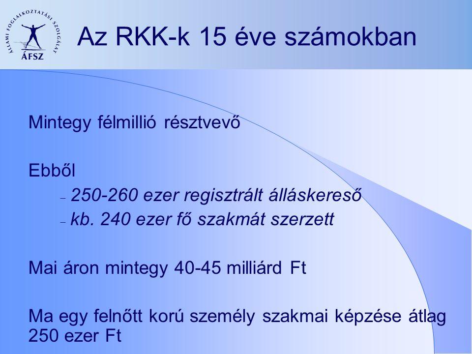Az RKK-k 15 éve számokban Mintegy félmillió résztvevő Ebből  ezer regisztrált álláskereső  kb.