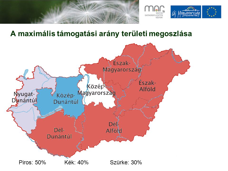 A maximális támogatási arány területi megoszlása Piros: 50%Kék: 40%Szürke: 30%