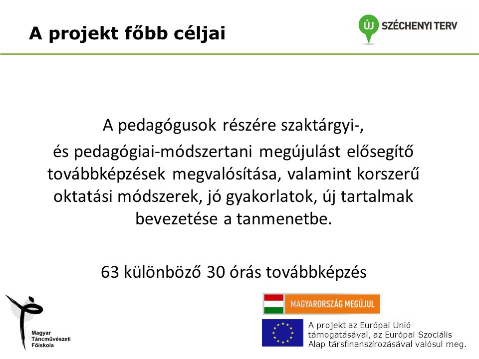 A projekt főbb céljai A projekt az Európai Unió támogatásával, az Európai Szociális Alap társfinanszírozásával valósul meg.