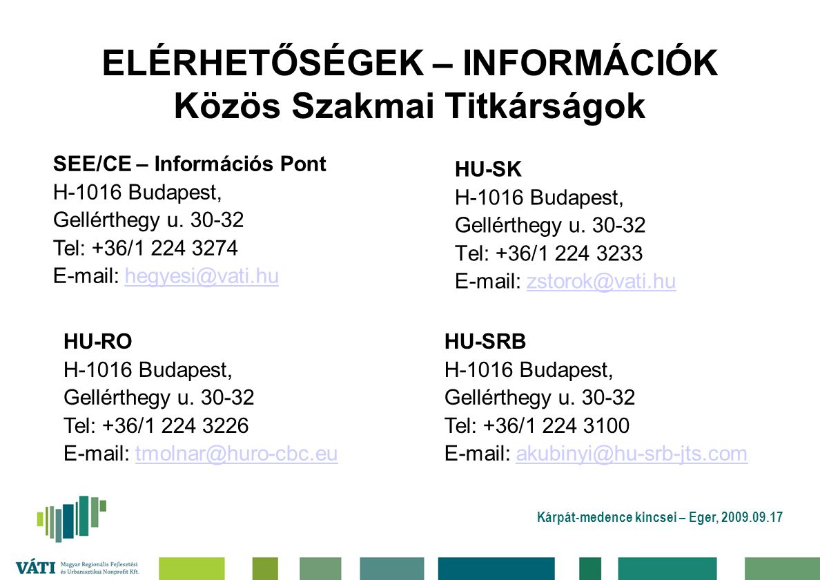 ELÉRHETŐSÉGEK – INFORMÁCIÓK Közös Szakmai Titkárságok HU-SK H-1016 Budapest, Gellérthegy u.
