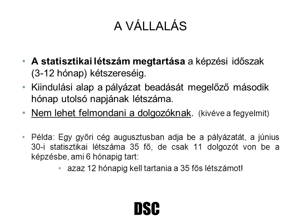 DSC A VÁLLALÁS A statisztikai létszám megtartása a képzési időszak (3-12 hónap) kétszereséig.