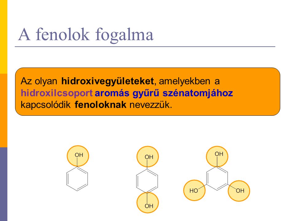 A fenolok fogalma Az olyan hidroxivegyületeket, amelyekben a hidroxilcsoport aromás gyűrű szénatomjához kapcsolódik fenoloknak nevezzük.