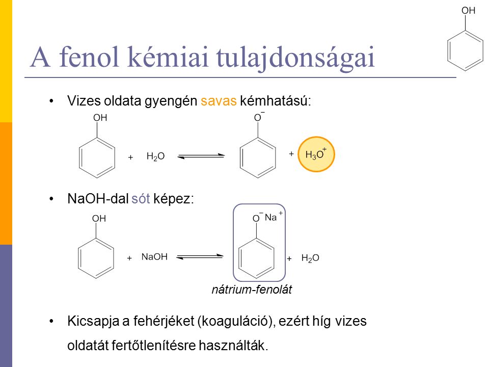 A fenol kémiai tulajdonságai Vizes oldata gyengén savas kémhatású: NaOH-dal sót képez: Kicsapja a fehérjéket (koaguláció), ezért híg vizes oldatát fertőtlenítésre használták.