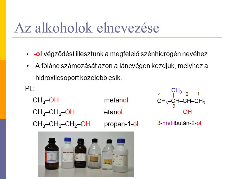 Az alkoholok elnevezése - ol végződést illesztünk a megfelelő szénhidrogén nevéhez.