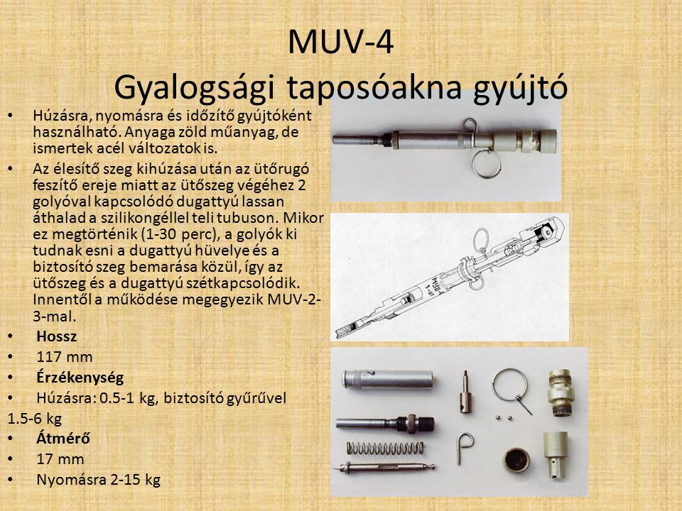 MUV-2, MUV-3 Gyalogsági taposóakna gyújtó A MUV gyújtó ólomlemezzel késleltetett élesítésű változata.