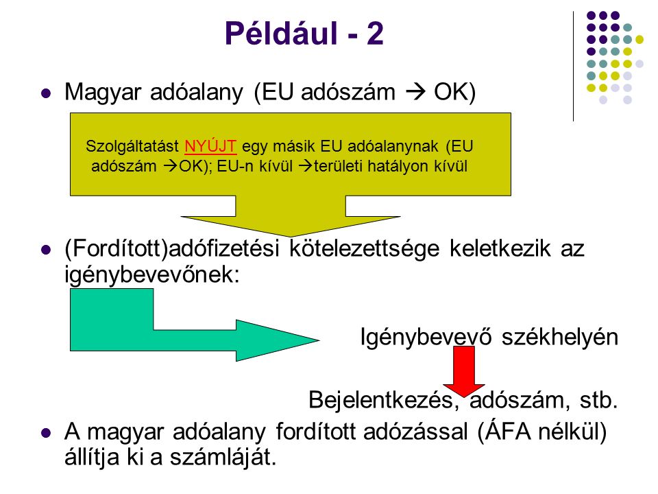 Például - 2 Magyar adóalany (EU adószám  OK) (Fordított)adófizetési kötelezettsége keletkezik az igénybevevőnek: Igénybevevő székhelyén Bejelentkezés, adószám, stb.