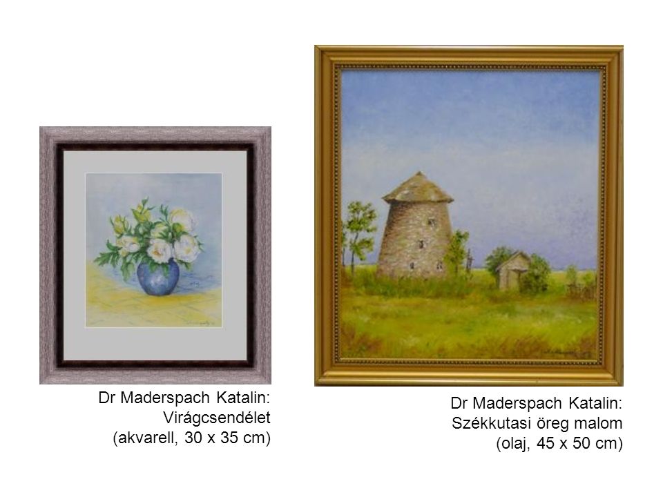 Dr Maderspach Katalin: Virágcsendélet (akvarell, 30 x 35 cm) Dr Maderspach Katalin: Székkutasi öreg malom (olaj, 45 x 50 cm)