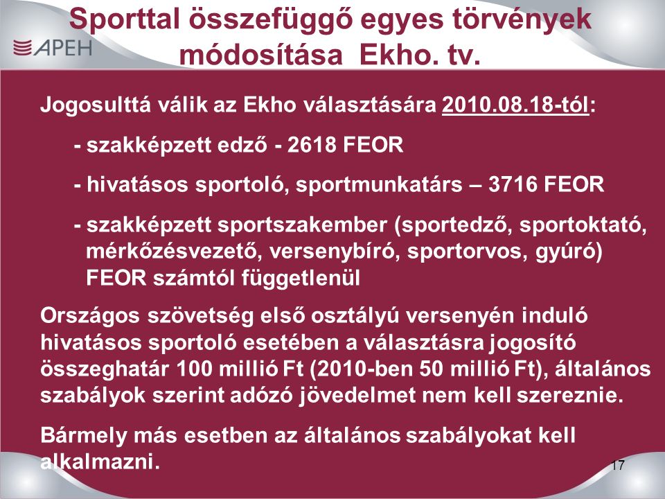 17 Sporttal összefüggő egyes törvények módosítása Ekho.