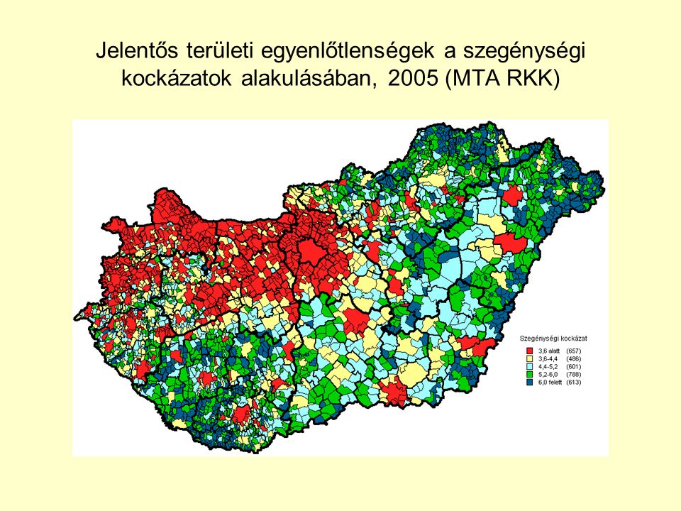 Jelentős területi egyenlőtlenségek a szegénységi kockázatok alakulásában, 2005 (MTA RKK)