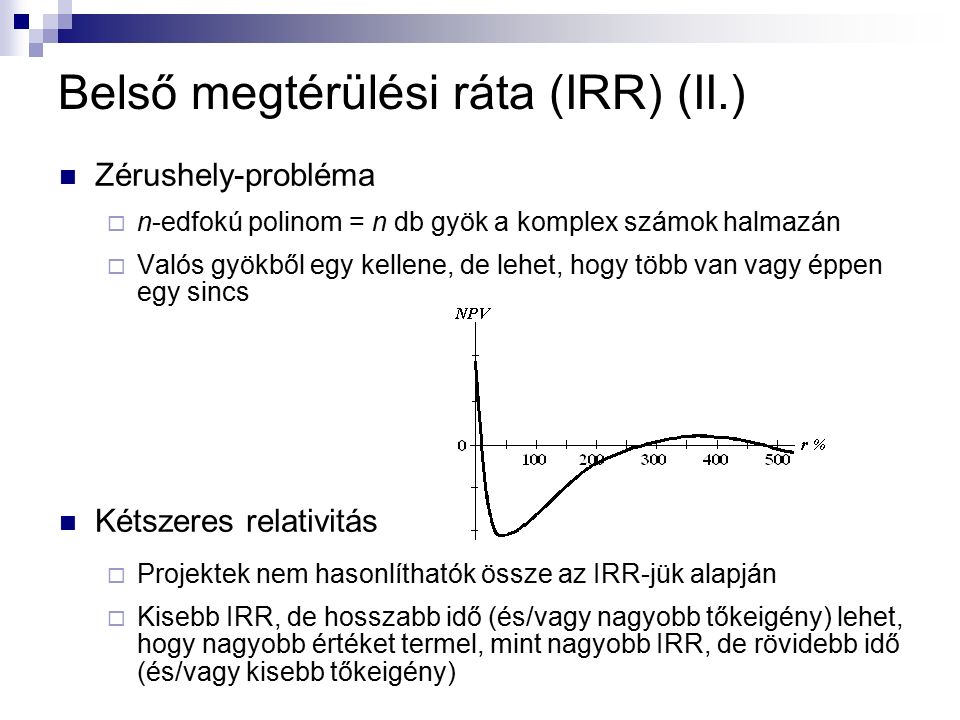 Zérushely-probléma  n-edfokú polinom = n db gyök a komplex számok halmazán  Valós gyökből egy kellene, de lehet, hogy több van vagy éppen egy sincs Kétszeres relativitás  Projektek nem hasonlíthatók össze az IRR-jük alapján  Kisebb IRR, de hosszabb idő (és/vagy nagyobb tőkeigény) lehet, hogy nagyobb értéket termel, mint nagyobb IRR, de rövidebb idő (és/vagy kisebb tőkeigény) Belső megtérülési ráta (IRR) (II.)