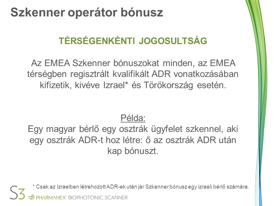 Szkenner operátor bónusz TÉRSÉGENKÉNTI JOGOSULTSÁG Az EMEA Szkenner bónuszokat minden, az EMEA térségben regisztrált kvalifikált ADR vonatkozásában kifizetik, kivéve Izrael* és Törökország esetén.