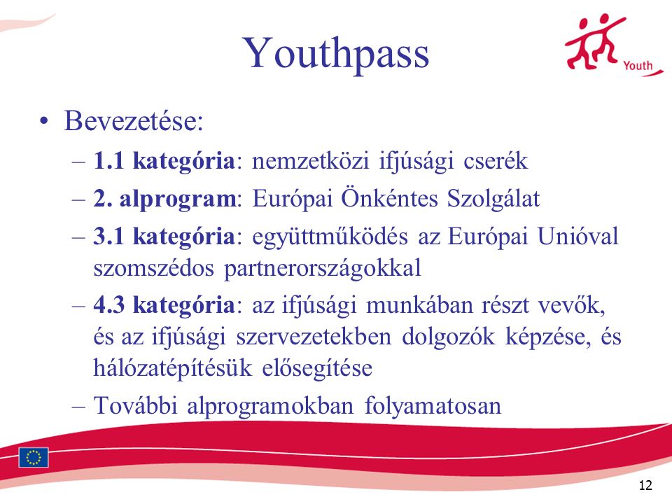 12 Youthpass Bevezetése: –1.1 kategória: nemzetközi ifjúsági cserék –2.