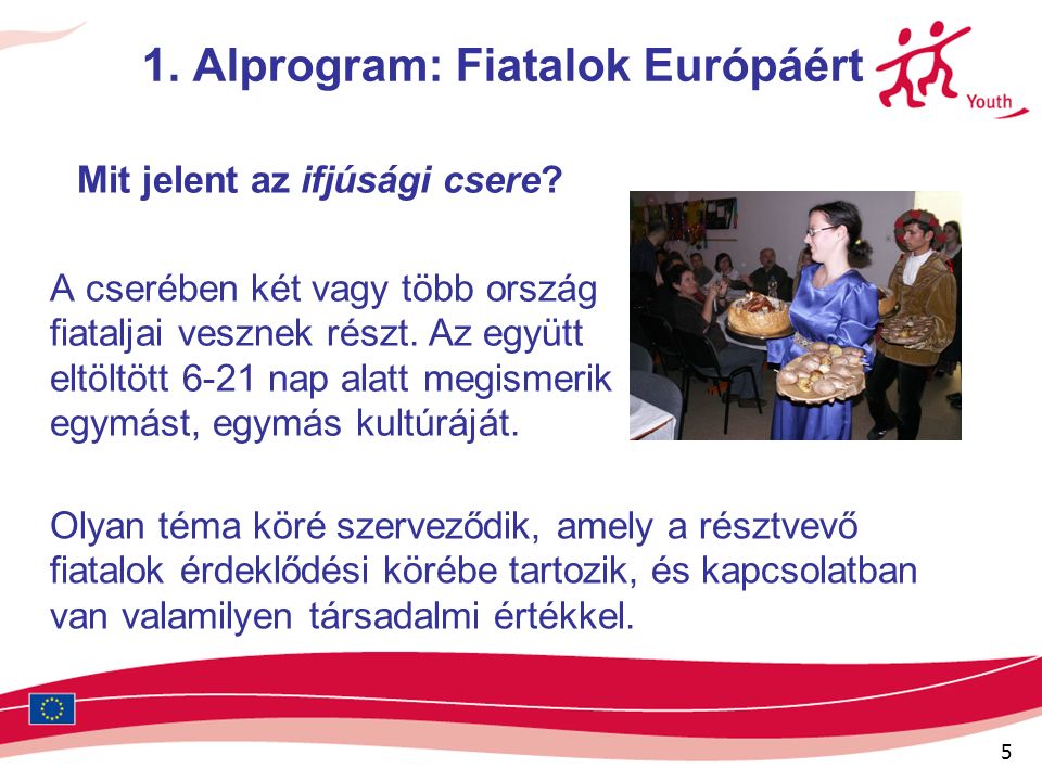 5 1. Alprogram: Fiatalok Európáért Mit jelent az ifjúsági csere.