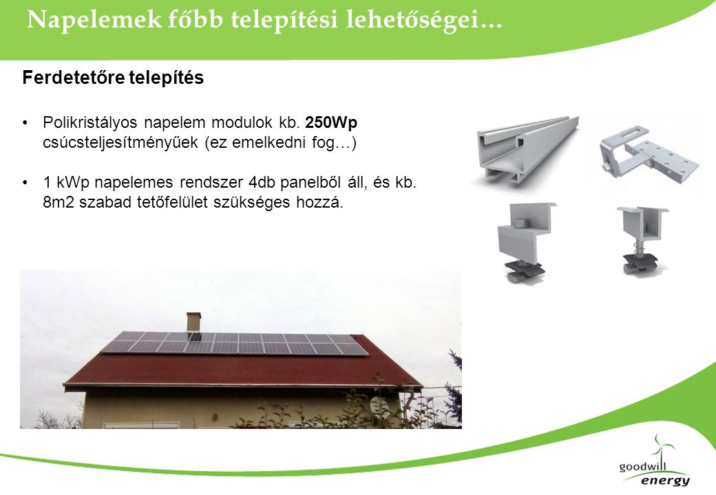Napelemek főbb telepítési lehetőségei… Sziget üzemű Polikristályos napelem modulok kb.
