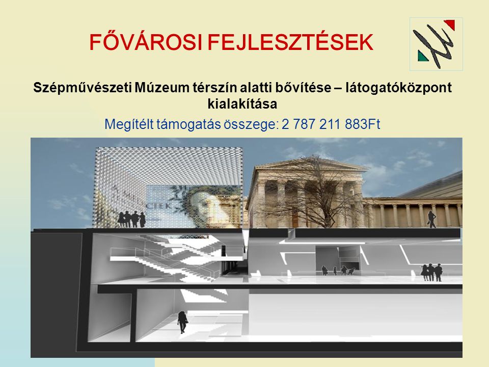 FŐVÁROSI FEJLESZTÉSEK Szépművészeti Múzeum térszín alatti bővítése – látogatóközpont kialakítása Megítélt támogatás összege: Ft