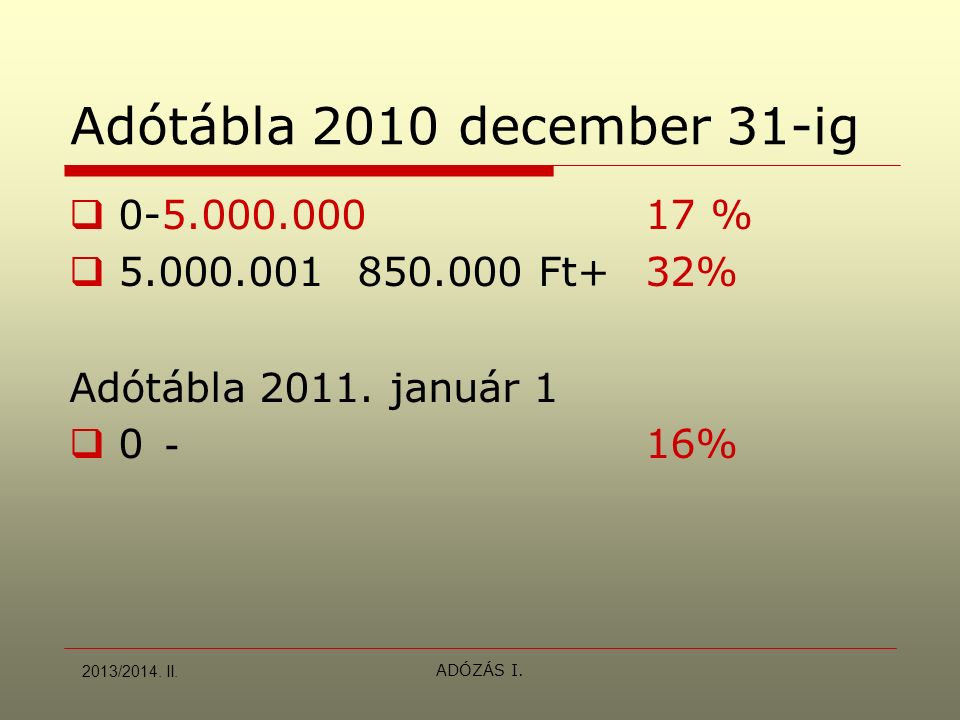ADÓZÁS I. Adótábla 2010 december 31-ig  %  Ft+32% Adótábla