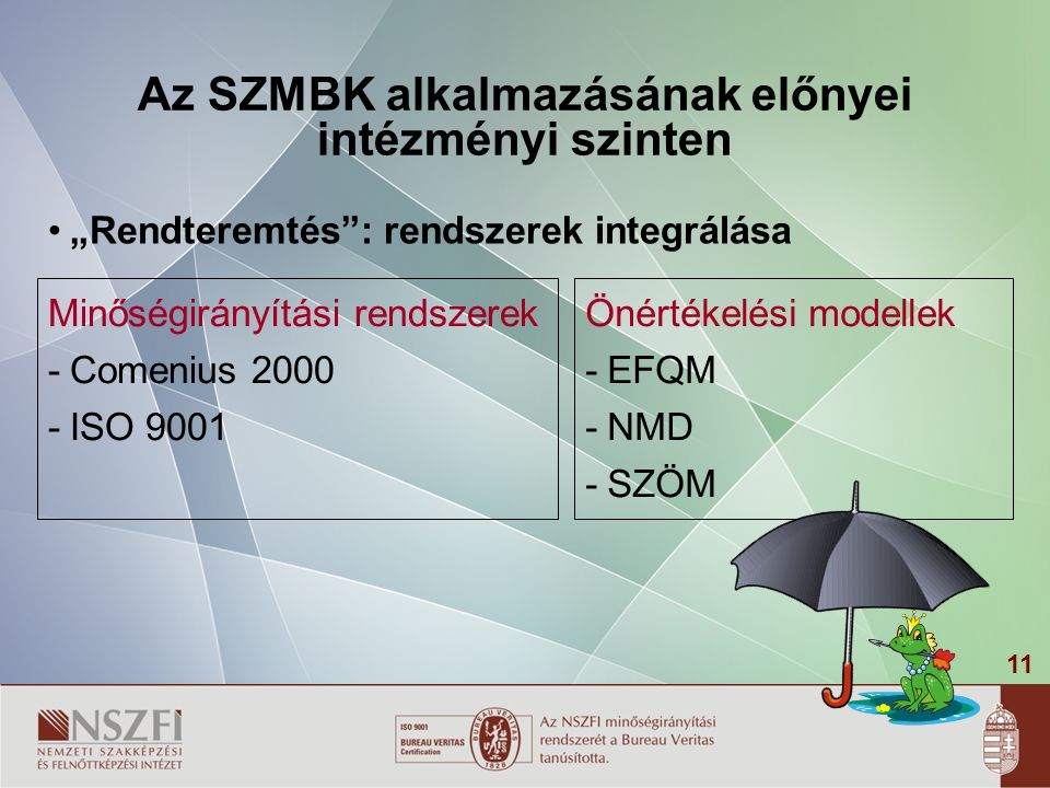 11 Az SZMBK alkalmazásának előnyei intézményi szinten „Rendteremtés : rendszerek integrálása Minőségirányítási rendszerek -Comenius ISO 9001 Önértékelési modellek -EFQM -NMD -SZÖM
