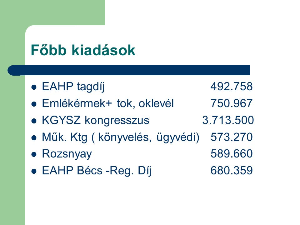 Főbb kiadások EAHP tagdíj Emlékérmek+ tok, oklevél KGYSZ kongresszus Műk.