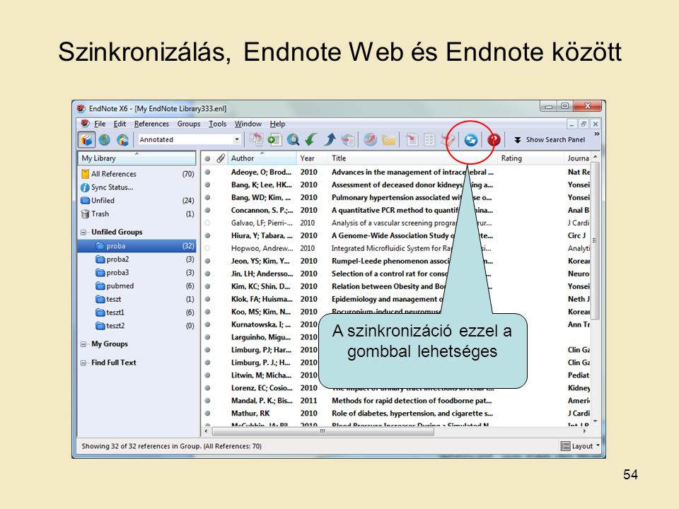 Szinkronizálás, Endnote Web és Endnote között 54 A szinkronizáció ezzel a gombbal lehetséges