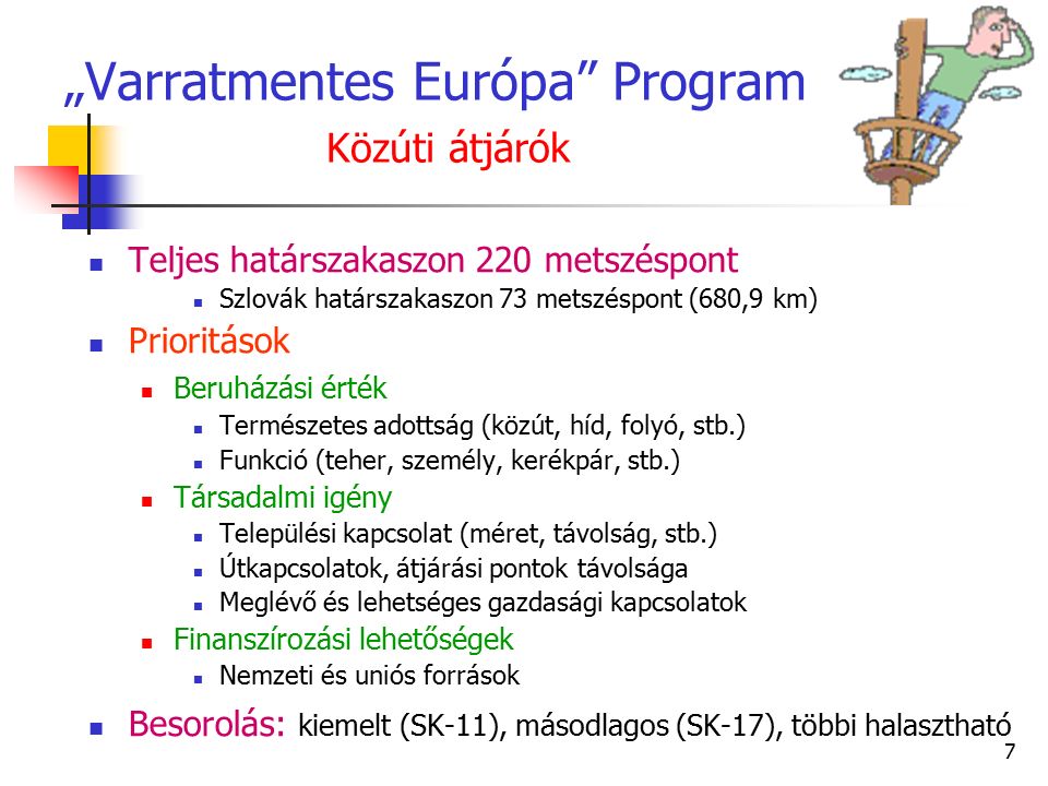 7 „Varratmentes Európa Program Közúti átjárók Teljes határszakaszon 220 metszéspont Szlovák határszakaszon 73 metszéspont (680,9 km) Prioritások Beruházási érték Természetes adottság (közút, híd, folyó, stb.) Funkció (teher, személy, kerékpár, stb.) Társadalmi igény Települési kapcsolat (méret, távolság, stb.) Útkapcsolatok, átjárási pontok távolsága Meglévő és lehetséges gazdasági kapcsolatok Finanszírozási lehetőségek Nemzeti és uniós források Besorolás: kiemelt (SK-11), másodlagos (SK-17), többi halasztható