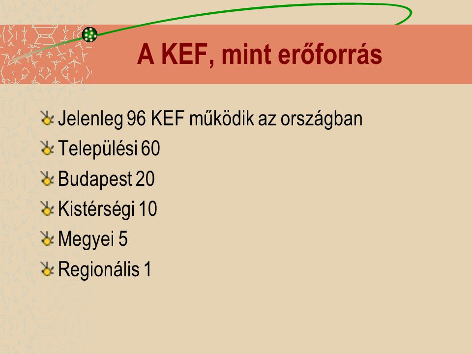 A KEF, mint erőforrás Jelenleg 96 KEF működik az országban Települési 60 Budapest 20 Kistérségi 10 Megyei 5 Regionális 1