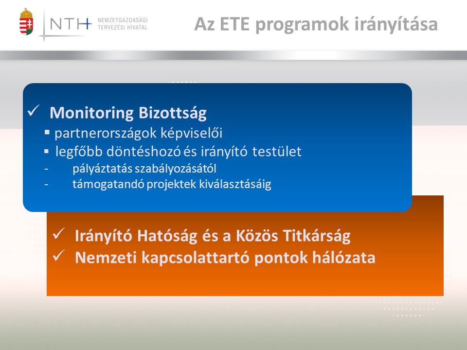Az ETE programok irányítása Irányító Hatóság és a Közös Titkárság Nemzeti kapcsolattartó pontok hálózata Monitoring Bizottság  partnerországok képviselői  legfőbb döntéshozó és irányító testület -pályáztatás szabályozásától -támogatandó projektek kiválasztásáig