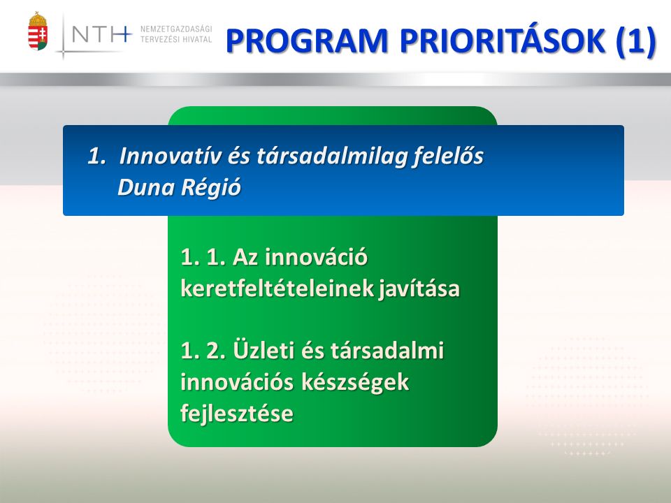 PROGRAM PRIORITÁSOK (1) 1. Innovatív és társadalmilag felelős Duna Régió Duna Régió 1.