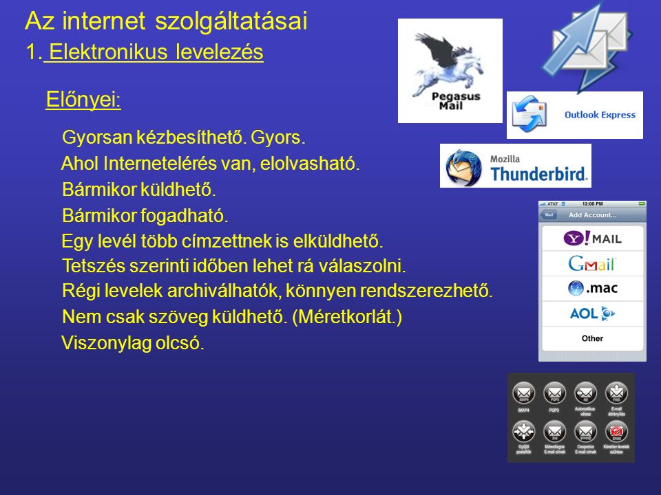 Az internet szolgáltatásai 1. Elektronikus levelezés Elektronikus levél.