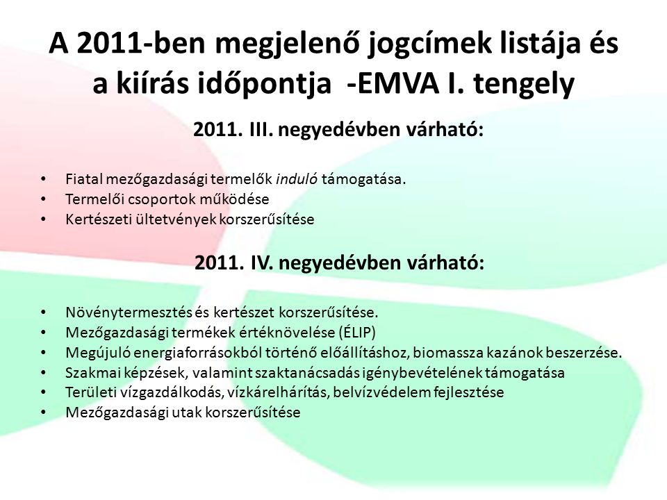 A 2011-ben megjelenő jogcímek listája és a kiírás időpontja -EMVA I.