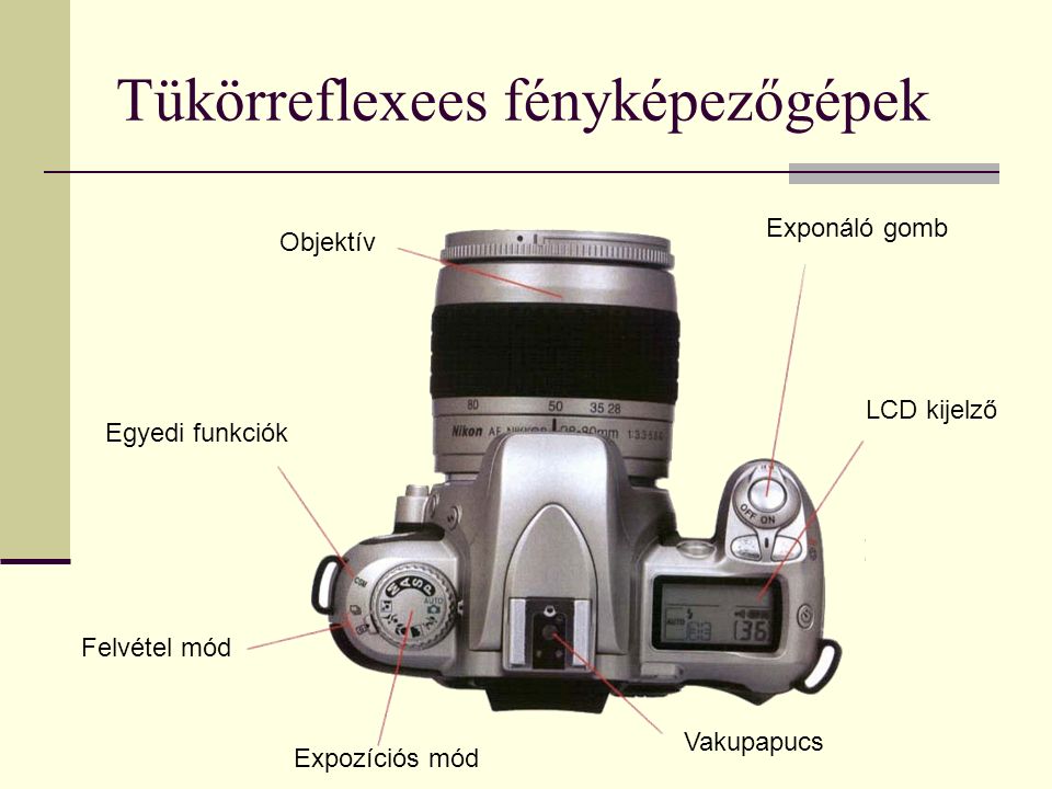 Tükörreflexees fényképezőgépek Objektív Exponáló gomb LCD kijelző Vakupapucs Felvétel mód Expozíciós mód Egyedi funkciók