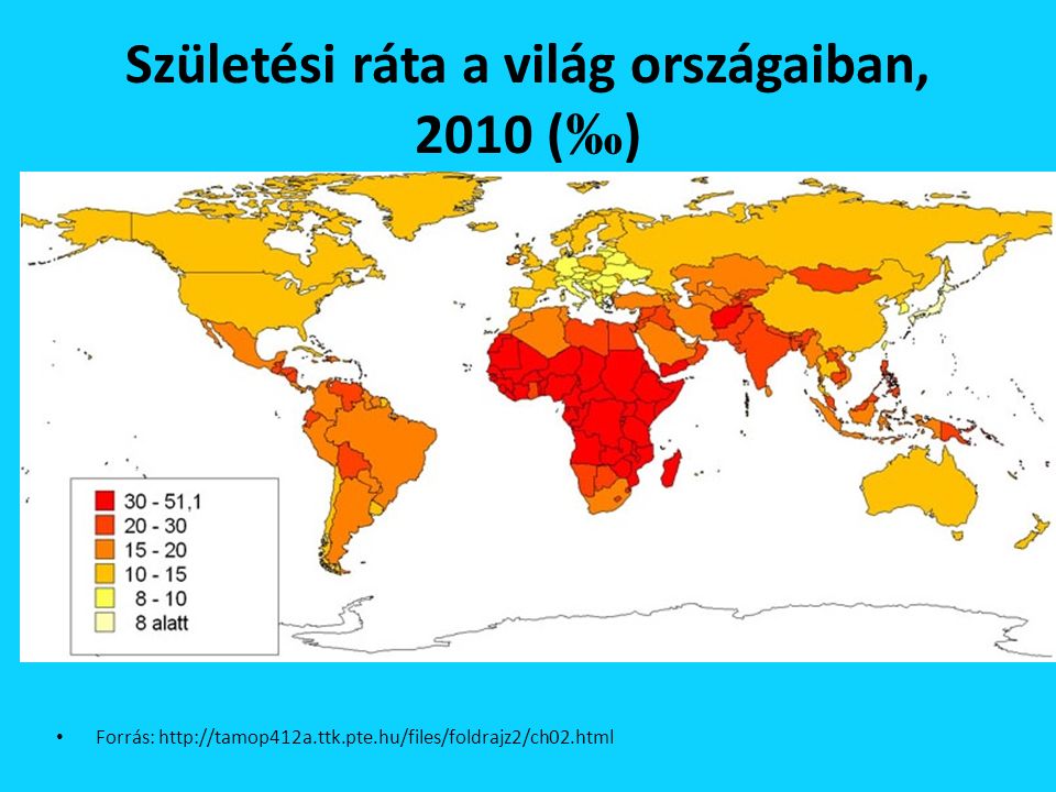 Születési ráta a világ országaiban, 2010 ( ‰ ) Forrás: