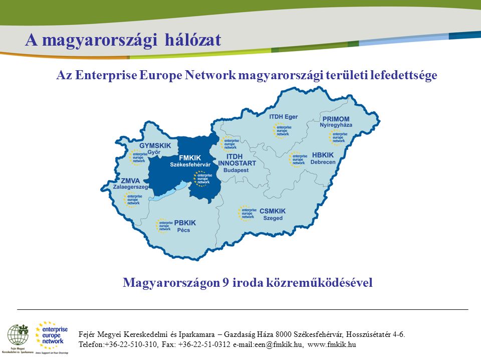 A magyarországi hálózat Fejér Megyei Kereskedelmi és Iparkamara – Gazdaság Háza 8000 Székesfehérvár, Hosszúsétatér 4-6.