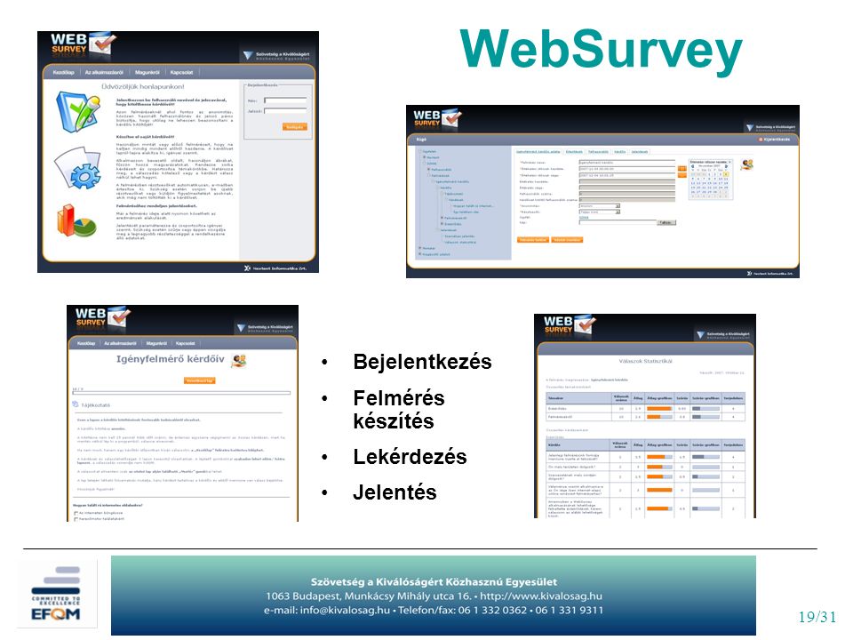 19/31 WebSurvey Bejelentkezés Felmérés készítés Lekérdezés Jelentés