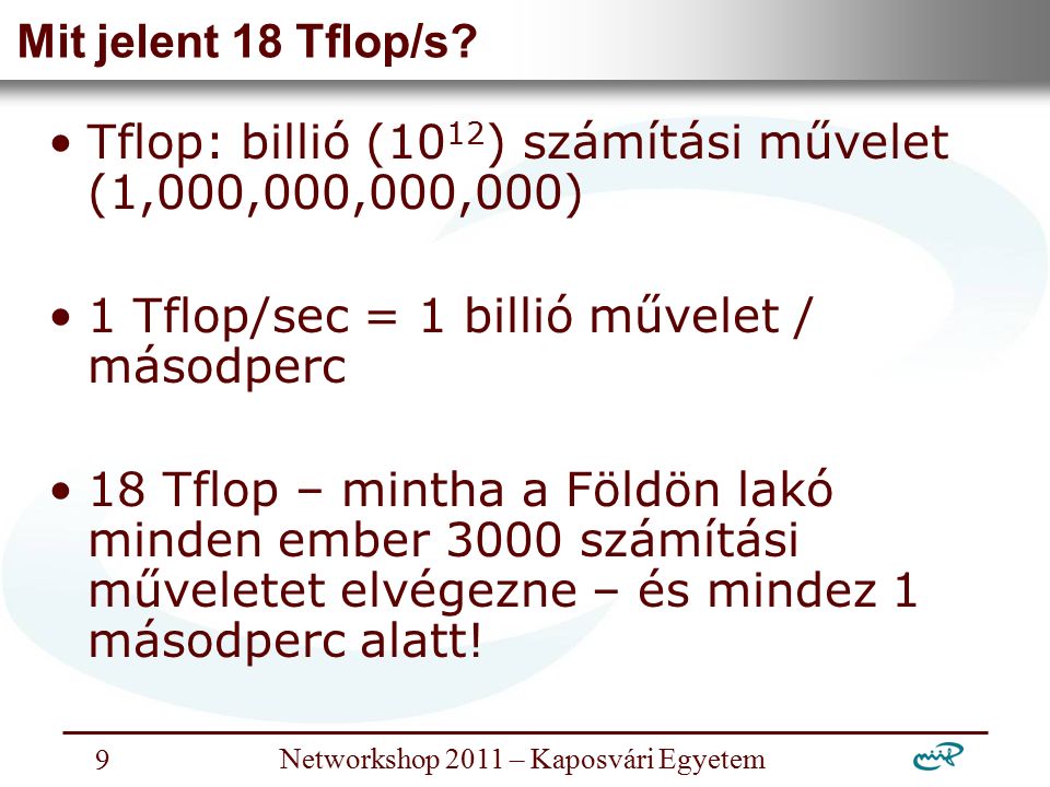 Nemzeti Információs Infrastruktúra Fejlesztési Intézet Networkshop 2011 – Kaposvári Egyetem 9 Mit jelent 18 Tflop/s.