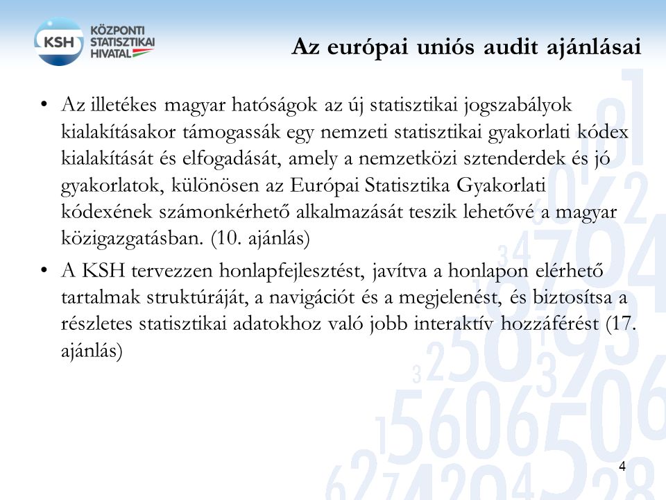 Az európai uniós audit ajánlásai Az illetékes magyar hatóságok az új statisztikai jogszabályok kialakításakor támogassák egy nemzeti statisztikai gyakorlati kódex kialakítását és elfogadását, amely a nemzetközi sztenderdek és jó gyakorlatok, különösen az Európai Statisztika Gyakorlati kódexének számonkérhető alkalmazását teszik lehetővé a magyar közigazgatásban.
