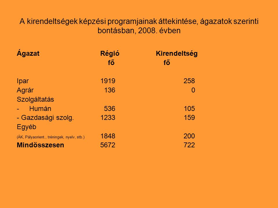 A kirendeltségek képzési programjainak áttekintése, ágazatok szerinti bontásban, 2008.