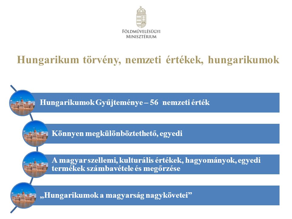 Hungarikum törvény, nemzeti értékek, hungarikumok Hungarikumok Gyűjteménye – 56 nemzeti érték Könnyen megkülönböztethető, egyedi A magyar szellemi, kulturális értékek, hagyományok, egyedi termékek számbavétele és megőrzése „Hungarikumok a magyarság nagykövetei