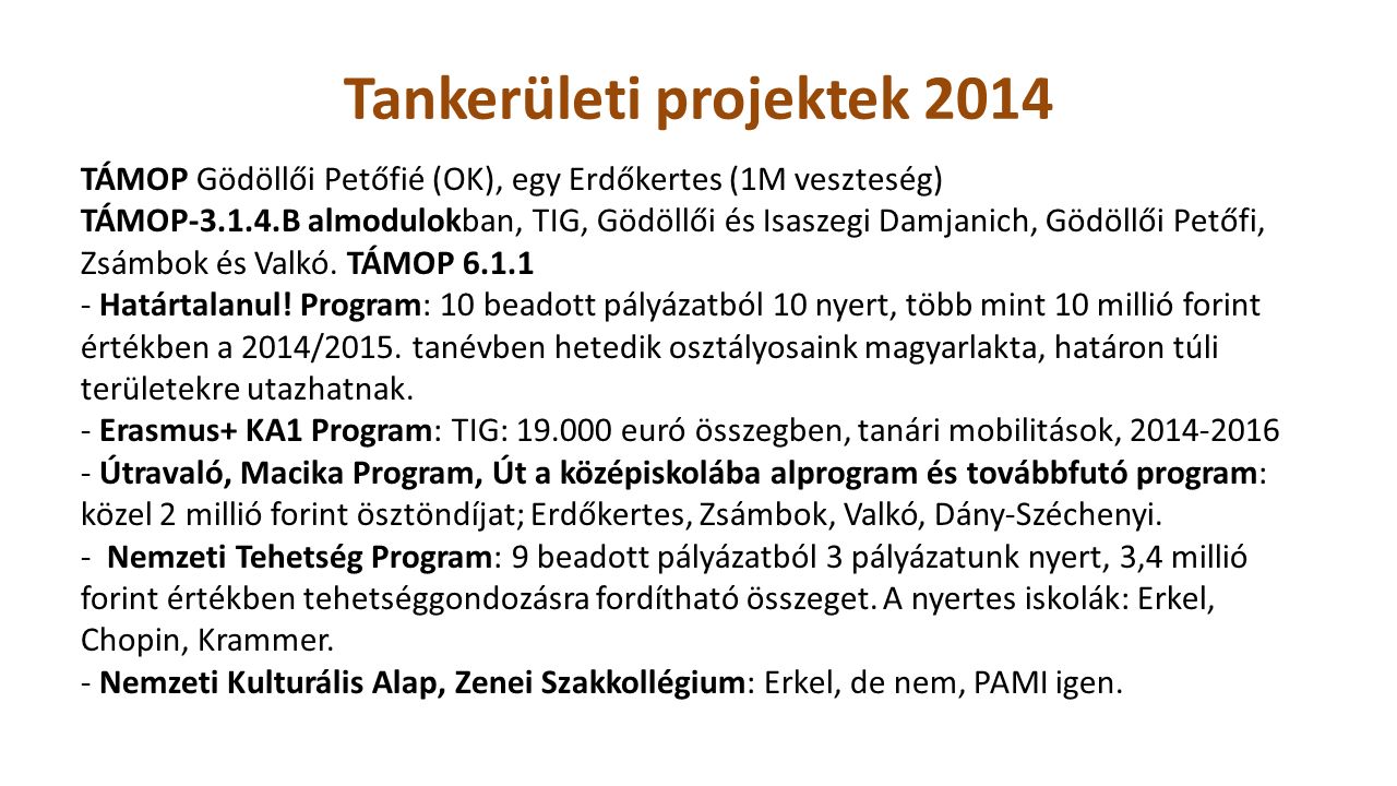 Tankerületi projektek 2014 TÁMOP Gödöllői Petőfié (OK), egy Erdőkertes (1M veszteség) TÁMOP B almodulokban, TIG, Gödöllői és Isaszegi Damjanich, Gödöllői Petőfi, Zsámbok és Valkó.