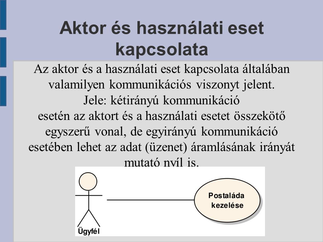 Aktor és használati eset kapcsolata Az aktor és a használati eset kapcsolata általában valamilyen kommunikációs viszonyt jelent.