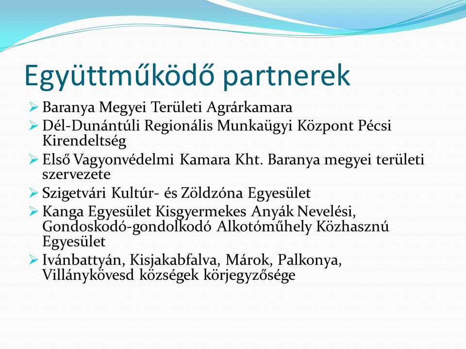 Együttműködő partnerek  Baranya Megyei Területi Agrárkamara  Dél-Dunántúli Regionális Munkaügyi Központ Pécsi Kirendeltség  Első Vagyonvédelmi Kamara Kht.