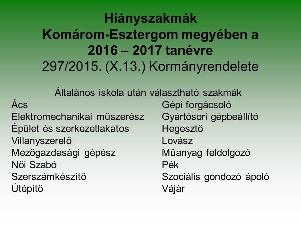 Hiányszakmák Komárom-Esztergom megyében a 2016 – 2017 tanévre 297/2015.