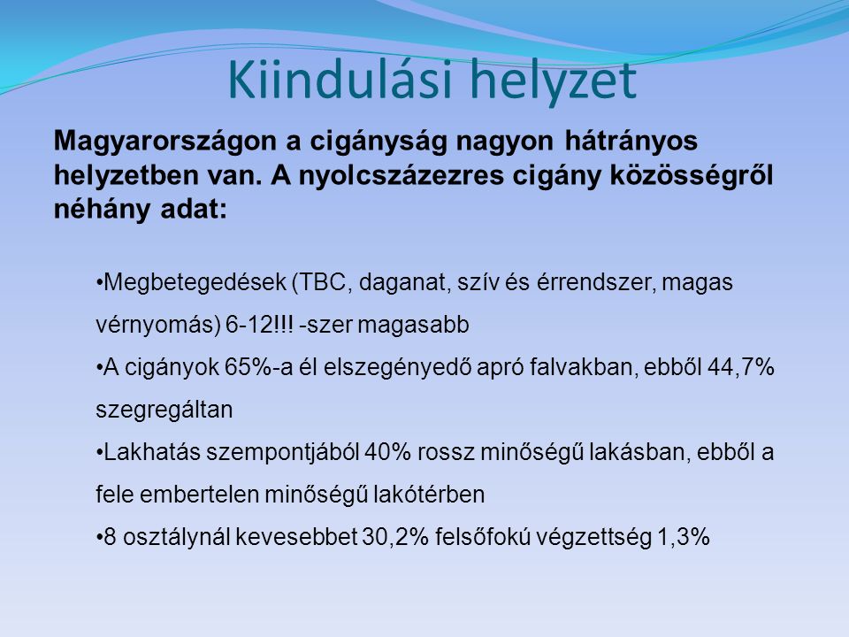 Kiindulási helyzet Magyarországon a cigányság nagyon hátrányos helyzetben van.