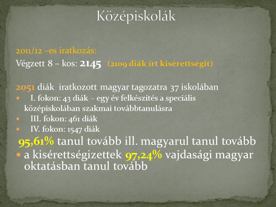 2011/12 –es iratkozás: Végzett 8 – kos: 2145 (2109 diák írt kisérettségit) 2051 diák iratkozott magyar tagozatra 37 iskolában I.