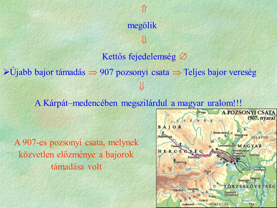  megölik  Kettős fejedelemség   Újabb bajor támadás  907 pozsonyi csata  Teljes bajor vereség  A Kárpát–medencében megszilárdul a magyar uralom!!.