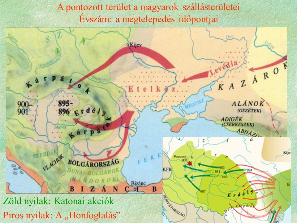 A pontozott terület a magyarok szállásterületei Évszám: a megtelepedés időpontjai Zöld nyilak: Katonai akciók Piros nyilak: A „Honfoglalás