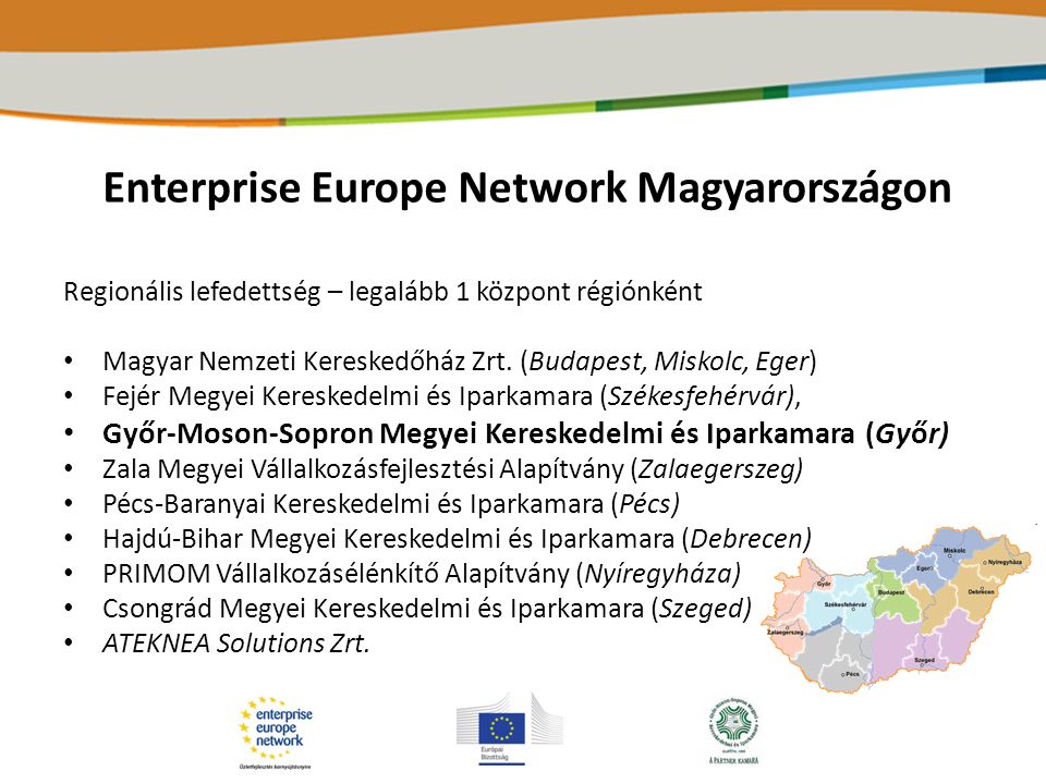 Enterprise Europe Network Magyarországon Regionális lefedettség – legalább 1 központ régiónként Magyar Nemzeti Kereskedőház Zrt.